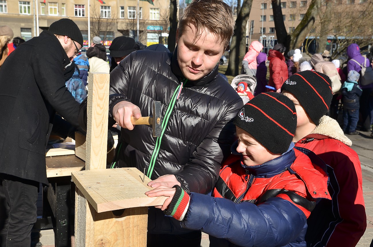 Bērni stāda muskares un sanaglo putnu būrus
