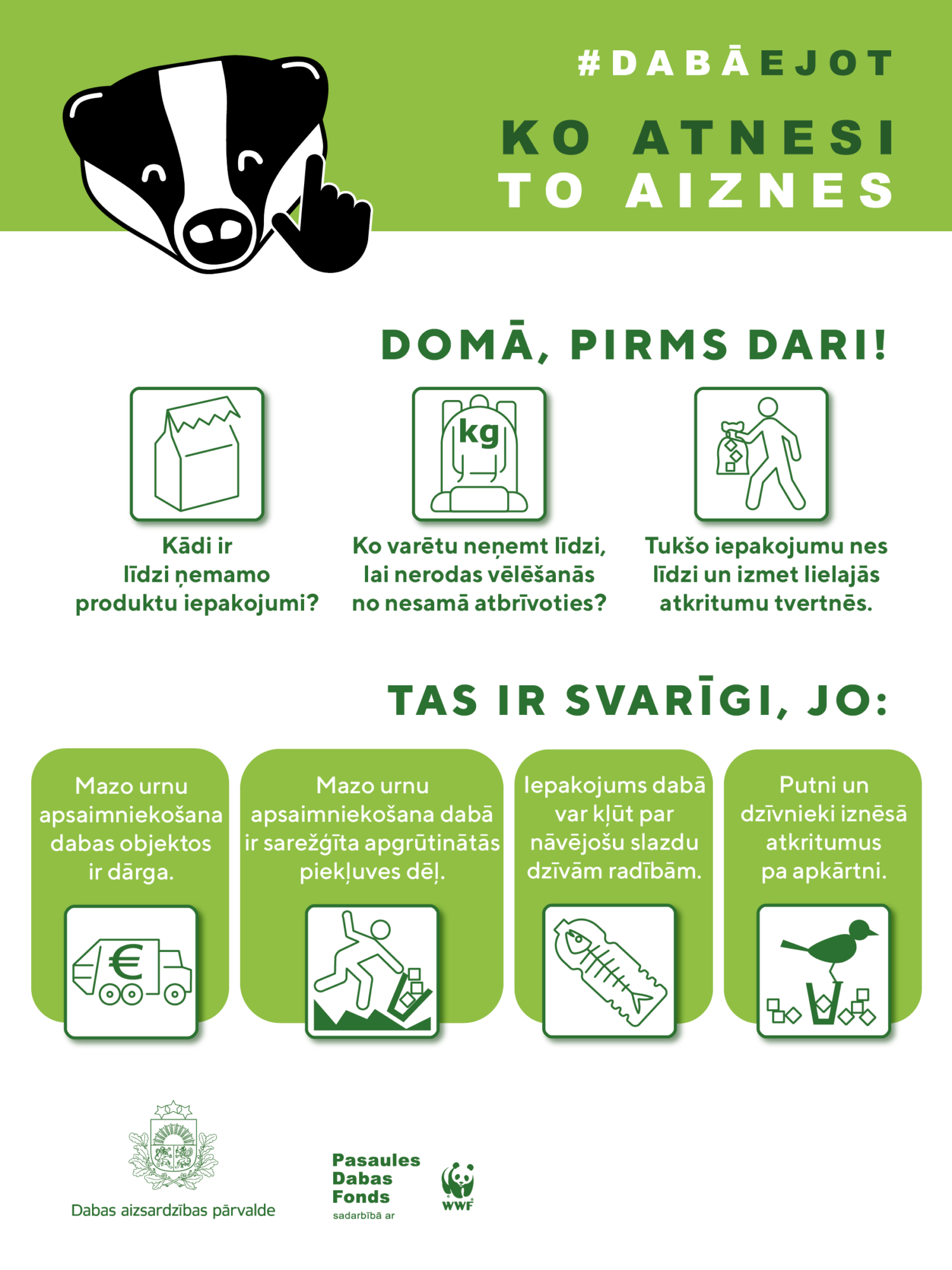 Dabas takās aicina ievērot principu ”Dabā ejot. Ko atnesi, to aiznes!”