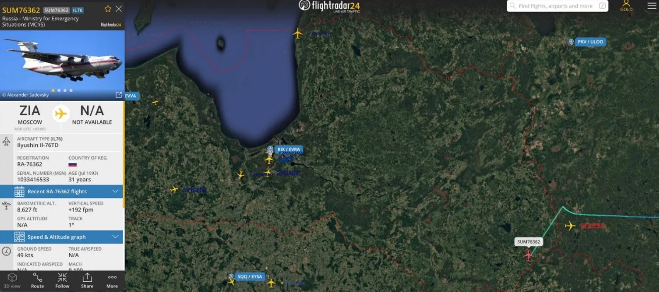 Aviolidojumu izsekošanas vietnē kļūdaini redzama Latvijas gaisa telpā ielidojusi Krievijas ārkārtas situāciju ministrijas lidmašīna