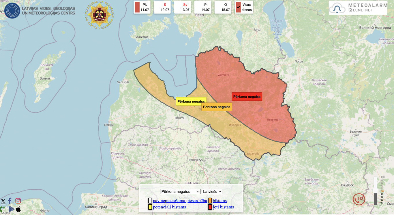 Izsludina sarkano brīdinājumu par pērkona negaisu Latvijas ziemeļaustrumos